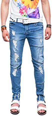 GuyLook Mens Tapered Flame Distressing Slim Spandex-Jeans 240 W32(Label-L) Blue