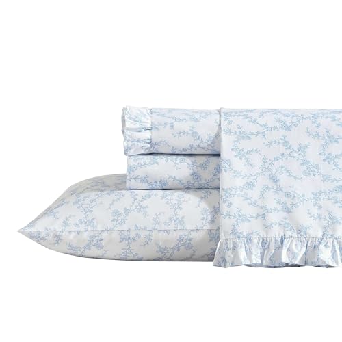 Laura Ashley - King Sheet Set, Breathable Percale Cotton Bedding, 200 Thread Count, Floral Home Decor (Victoria Blue, King)