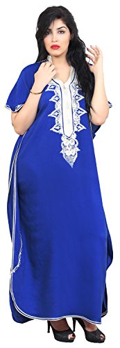 Moroccan Caftan Hand Made Top Quality Breathable Cotton with Hand Embroidery Long Length Blue