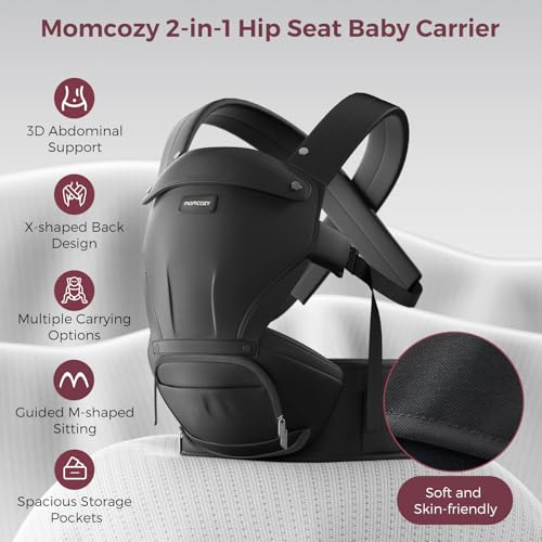 Momcozy Baby Carrier with Hip Seat, 2-in-1 Forward-Facing Hands-Free Infant Carrier for Active Babies, Detachable All-Season Toddler Carrier up to 44lbs, Fits Waist Sizes up to 45 Inches, Black Adjustable,Black