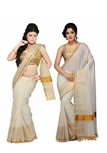 selvamani tex cotton kerala kasavu zari saree with blouse pack of 2
