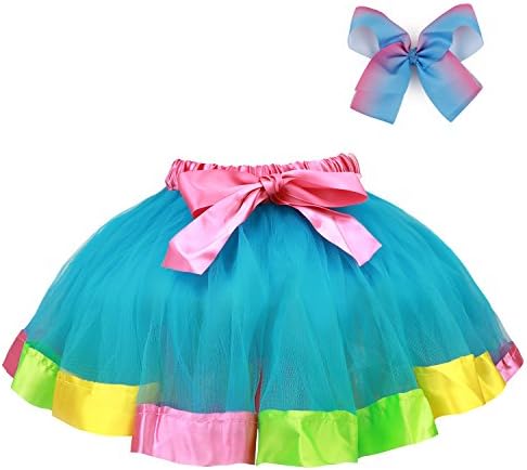 RunRRIn Tutu Skirt, Layered Ballet Tulle Rainbow Tutus for Little Girl Dress up with Colorful Hair Bows(Sky Blue-L)