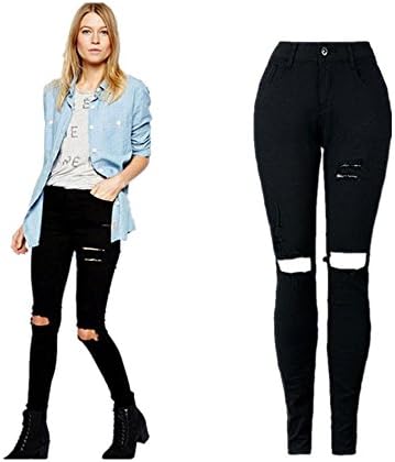 Makalon Women Cool Ripped Knee Cut Skinny Long Jeans Pants Slim Pencil Trousers (M, Black)