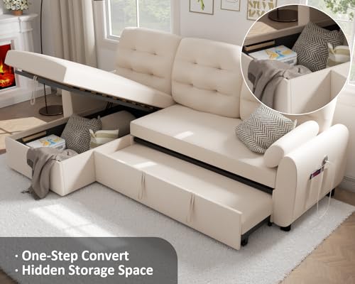 Ucloveria Sectional Sofa Couch, 87" Sleeper Sofa Bed with Reversible Storage Chaise Pull Out Couch for Living Room | Side Pocket | Charging Station | Removable Backrest | Linen Fabric, Beige