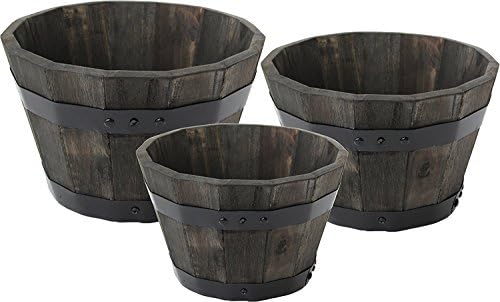 Happy Planter HP002A Wood Barrel Outdoor Planter, Set of 3 Planters, Color: Charcoal Brown