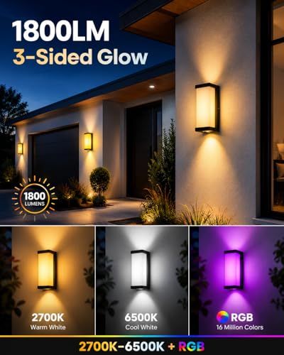 MMEEVT Outdoor Wall Light 1800Lm, IP65 RGBCW Wall Lamp (2 Piece) | Three Side Lighting Smart Led Indoor Lighting with Alexa and Google Assistant for Entrance Garage Porch