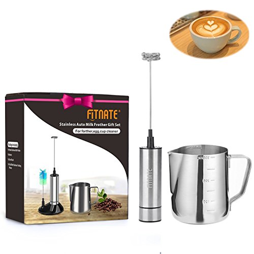Milk Frother, Fitnate Electric Handheld Milk Frother Set, Stainless Steel Whisk & 12oz Milk Frother Pitcher for Espresso Machines, Milk Frothers & Latte Art