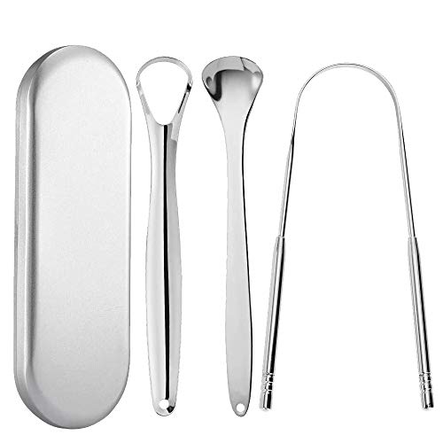 Zungenreiniger Schaber, ConBlomi 3er Pack Edelstahl Metall Zungenschaber, aus Edelstahl gegen Mundgeruch und für Frischer Atem mit Etui für Mundpflege