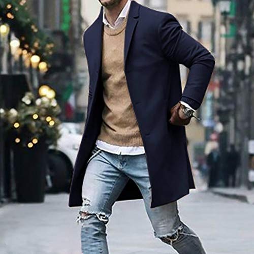 Dacawin_Men Coats Men's Winter Slim Trench Jacket Casual Mid-Long Suit Overcoat Solid Color Long Sleeve Button Coat