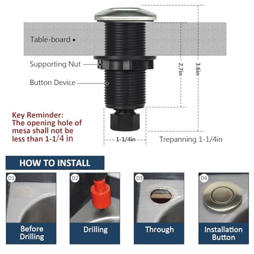 Garbage Disposal Air Switch Kit Sink Top Waste Disposal Long Stainless Steel Brushed Nickel On/Off Air Button Food and Waste Disposals Part by Etoolcity