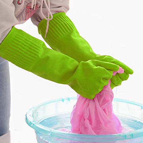 Malier Pack of 2 Pairs Rubber Cleaning Gloves, Extended Kitchen Dishwashing Gloves, Waterproof Reusable Household Cleaning Gloves with Cleaning Cloth (Medium, Green)