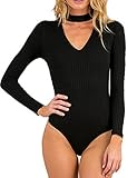 Allegrace Women Long Sleeve Sexy V Cut Stretch Bandage Leotard Bodysuit Jumpsuit