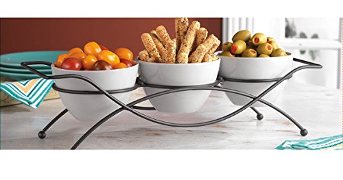 Elegant 4-piece Relish Tray with White Ceramic Bowl. Server Set with Metal Rack. Buffet Server for Candy, Nuts and Dips.