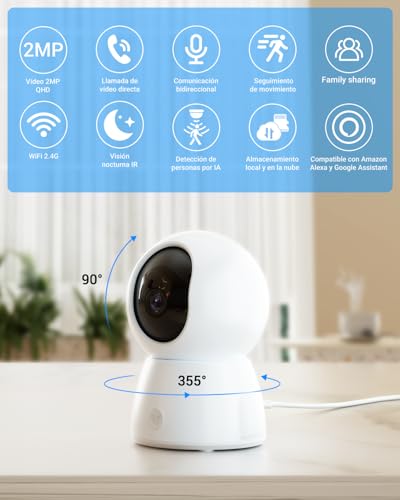 E T EASYTAO P210 Cámara de Seguridad Interior 2MP con Llamada de un Solo Clic, App Trishome o Icsee, Audio Bidireccional, Visión Nocturna, Seguimiento de Movimiento y Compatible con Alexa