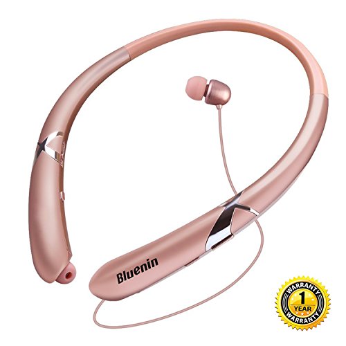 Bluetooth Headphones Bluenin Neckband Retractable Wireless Headphones Sports Sweatproof Earbuds Noise Cancelling Earphone w/Mic for Cellphones (rose gold)