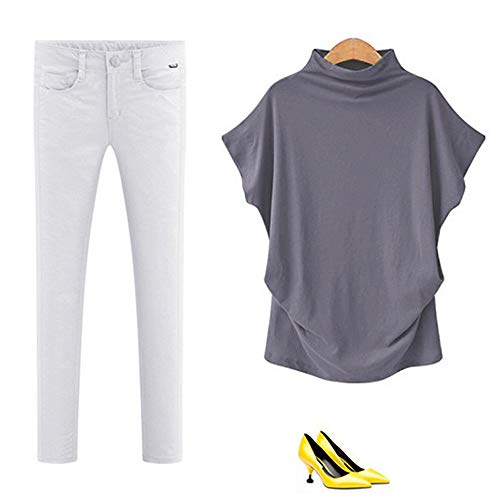 New in Summer Haalife◕‿Women Turtleneck Short Sleeve Top Fashion Irregular Blouse T Shirt Casual Oversize Tunic Tops Gray - Thumbnail 4