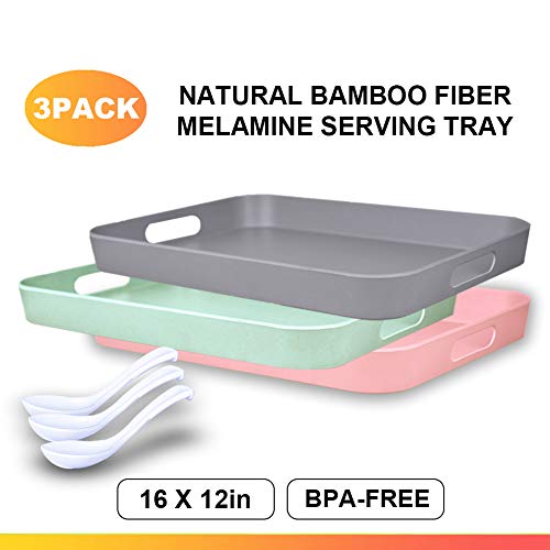 Serving Tray, XDW-GIFTS Bamboo Fiber Melamine Serving Trays with Handle Premium Modern Plastic Food and Drink Tray for Parties Coffee Table Home Storage Pack of 3