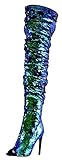 CAMSSOO Women's Fashion Peep Toe Sparkle Sequins Thigh High Over Knee Pupms Heel Christmas Party Dance Boots