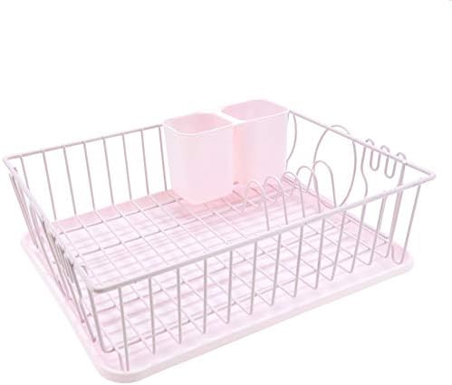 Deluxe Chrome-plated Steel Dish Rack with Drainboard Cutlery Cup Dish Drainers,Pink