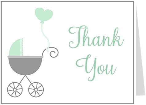 Baby Shower Thank You Cards, Carriage, Stroller, Mint, Gray, Grey, Balloon, Simply Stated, Modern, Sprinkle, Set of 50 Folding Notes with Envelopes, Buggy Baby (Mint)