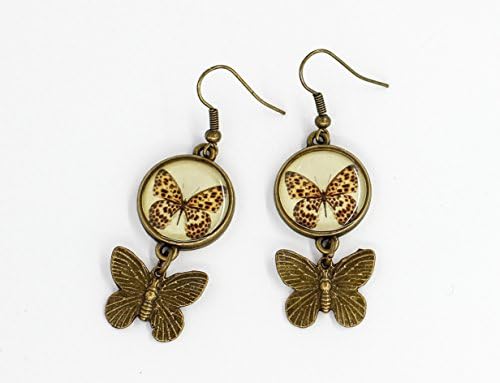 E53 Unique Fashion Leopard skin Brown Red Orange Butterfly Insect Nature Photo Print Epoxy Resine Brass Earrings Handmade Jewelry Gift for women Exclusive Pattern design dangle casual earrings
