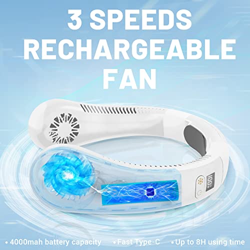 Portable Air Conditioner Neck Fan, Neck Fans Portable Rechargeable, Hidden Bladeless Neck Cooler, Wearable Neck AC Cooling Fan, 3 Speeds 4000 mAh Neck Cooler Fan for Outdoor/Office/Travel-White