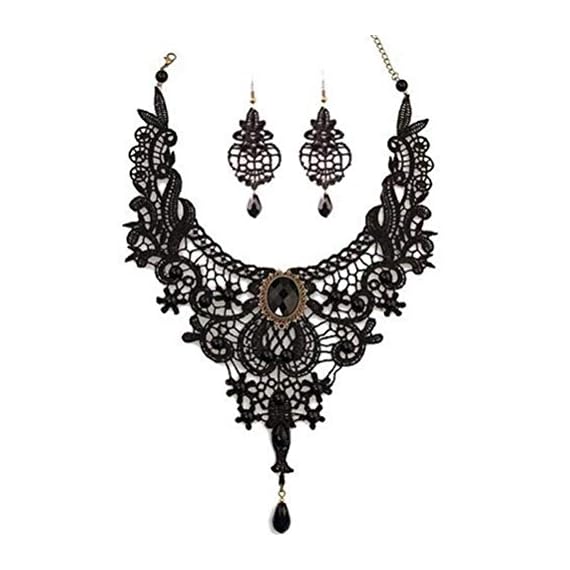 MEiySH-Black-Lace-Gothic-Lolita-Pendant-Choker-Necklace-Earrings-Set-Style-001