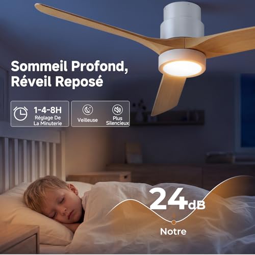 Ateroll Ventilateur de Plafond 3 Pales en ABS Ø132cm, Ventilateur Plafond Moderne 3 Températures LED (3000K-6500K), Télécommande Dimmable 6 Vitesses & Minuterie pour Chambre, Salon & Balcon