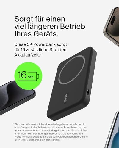 BoostCharge Pro Kabellose Powerbank 5000mAh mit Qi2, MagSafe-Kompatibles Tragbares Ladegerät mit Integriertem Ständer, für iPhone 17, iPhone Air, iPhone 16, 15, 14, Pixelsnap usw. – Schwarz