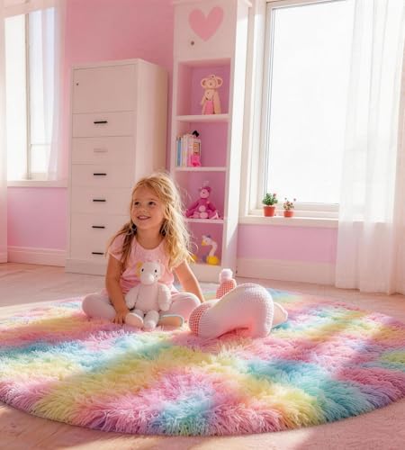 VOFUSHON Living Room Rug 150 cm Rainbow Rug Long Hair Washable Non-Slip Carpet for Bedroom