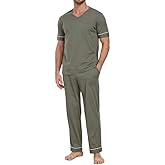 CF Mens Pajamas Set Cotton Sleepwear Soft Short Sleeve Pjs Comfy 2 Piece Nightwear V-Neck Long Pants Loungewear with Pockets