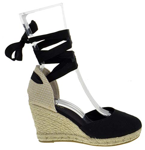 BAMBOO Timeoff 02 Womens Closed Toe Leg Wrap Espadrille Wedge Dress Sandals Black 6