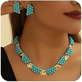 Octwine Boho Shining Blue Turquoise Necklace Teardrop Dangle Earrings Set for Women Bridal Wedding Prom Gold Blue Simple Choker Necklace Vintage Party Prom Wedding Statement Necklace Earrings Set for Women