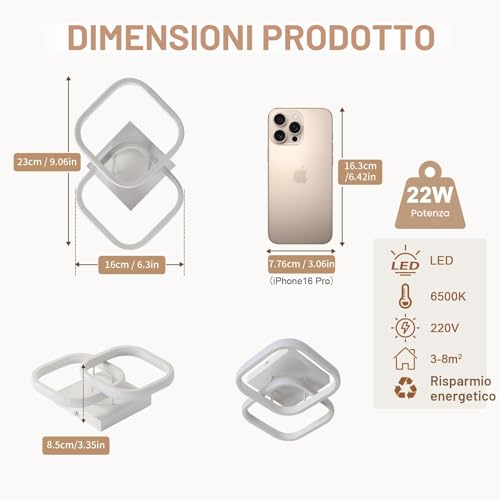 Comely 2 Pacchi Plafoniere a LED Moderne, 24W 2700LM Lampada da Soffitto a LED Quadrata Piccola Bianco Freddo 6500K Apparecchi di Illuminazione per Interni per Camera da Letto Corridoio