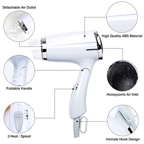 Folding Hair Dryer Compact Travel Blow Dryer Professional Salon Hair Dryer Negative Ionic Low Noise Hair Dryer 3 Heat Settings Lightweight Mini 8x7inch Hair Dryer for Men/Women (Dryer White 3)