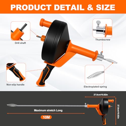 Pipe Cleaning Spiral [10 M] - Drain Cleaner Spiral with Drill Attachment - Ideal Drain Spiral for Environmentally Friendly Pipe Cleaning - Spiral Drain Pipe Cleaning for Sink, Kitchen, Bathroom | High-strength galvanised steel spring core