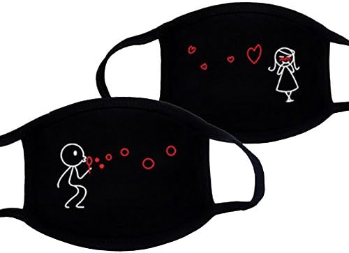 Heurm Alado 2pcs Couple Unisex South Korean Cute Cartoon Fashion Personality Cotton Anti-Cold Anti-Dust Breathable Mouth-Muffle Couple Face Mask Black (Style 2)