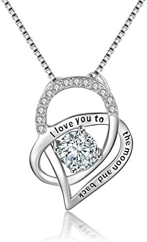 s925 Sterling Silver Platinum Overlay "I Love You To The Moon and Back"Heart Pendant Necklace (Heart Necklace)