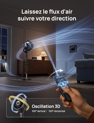 DREO Smart Pedestal Fan for Bedroom, 3D Oscillation 150°+100°, CirculAir Range 36.6m, Silent DC Motor, 12 Speed, 6 Modes, 20 dB, Remote Control, Timer 12 Hours