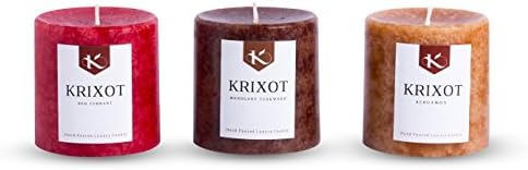 Set of 3 Richly Scented Pillar Candles in Red Currant, Mahogany Teakwood and Bergamot Fragrance 3 inches by 3 inches | Finest Wax Blends and Premium Fragrance Oils
