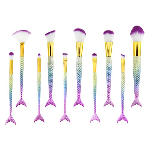 Makeup Eye Brushes Mermaid Crown Dreamy Fish Scale Handle Fishtail Brush Set Cosmetic for Foundation Eyeshadow Cream Concealer Eyebrow Eyeliner Blush Cosmetic Brushes Tools by Samyoungï¼ˆ10Pcs)