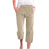 Womens Capris Pants High Waist Drawstring Comfy Casual Lightweight Loose Trousers Buttons Trim with Pockets
