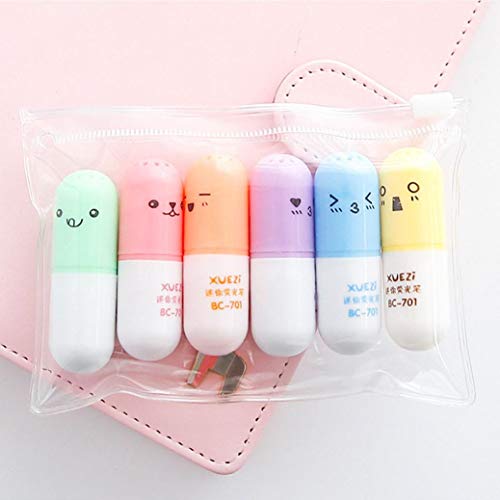 Barthylomo 6Pcs Lovely Pill Shape Marker Pens Chisel Tip Colorful Fluorescent Highlighter Marker Pens for Marking, Graphic Drawing, Office Tools, Learning Tools - Thumbnail 4