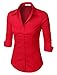 LE3NO Womens Roll Up 3/4 Sleeve Button Down Shirt with Stretch, L3NWT574A_RED, Large