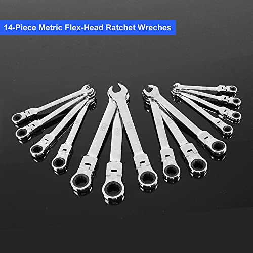 PROSTORMER 14-Piece Flex-Head Ratcheting Wrench Set, 6-19mm Chrome Vanadium Steel Ratchet Wrenches, Metric Combination Ended Spanner Kit with Storage Case