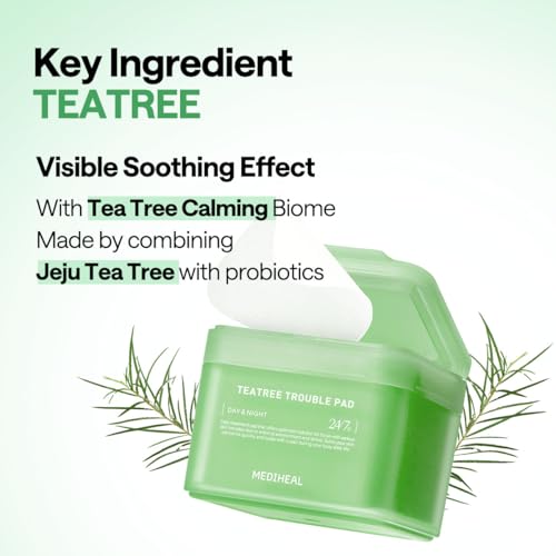 Mediheal Teatree Trouble Facial Toner Pads with Tea Tree & Lactobacillus - Calming & Soothing for Sensitive & Acne Prone Skin - Vegan Face Gauze, 100 Pads