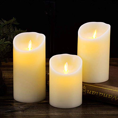 Aku Tonpa Flameless Candles Pack of 3 (D:3.5" X H:5" 6" 7") Battery Operated Pillar Real Wax Flickering Moving Wick Electric LED Candle Gift Sets with Remote Control Cycling 24 Hours Timer