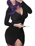 VOGRACE Womens Deep V Neck Ruched Slit Bodycon Bandage Clubwear Party Dress M Black