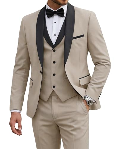 MrSure Mens Suit 3 Piece Tuxedo for Men – Black Suits for Men with Vest & Pants, Slim Fit Formal Wedding Prom Terno de Vestir at Amazon