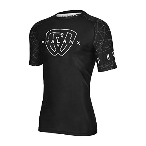 Phalanx Mens Rash Guard for BJJ Jiu Jitsu, Antimicrobial Short Sleeve Competition Grade MMA Rashguard Shirt For Men, Brazilian Jiujitsu Clothing With SPF 50, Metric Black and White